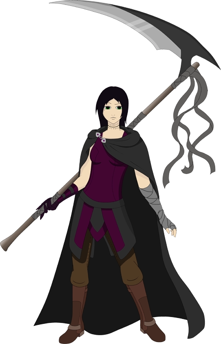 A pale ravenette human woman wearing travelers clothes and a breastplate holding a large dark scythe.